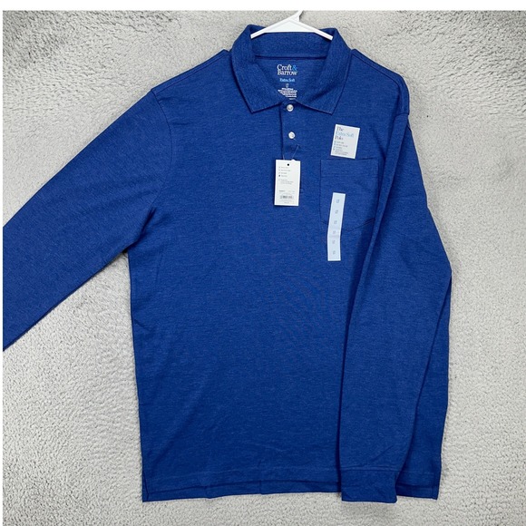 Croft Barrow Mens Easy Soft Polo Shirt Large Tall Blue Long Sleeve Rugby NEW